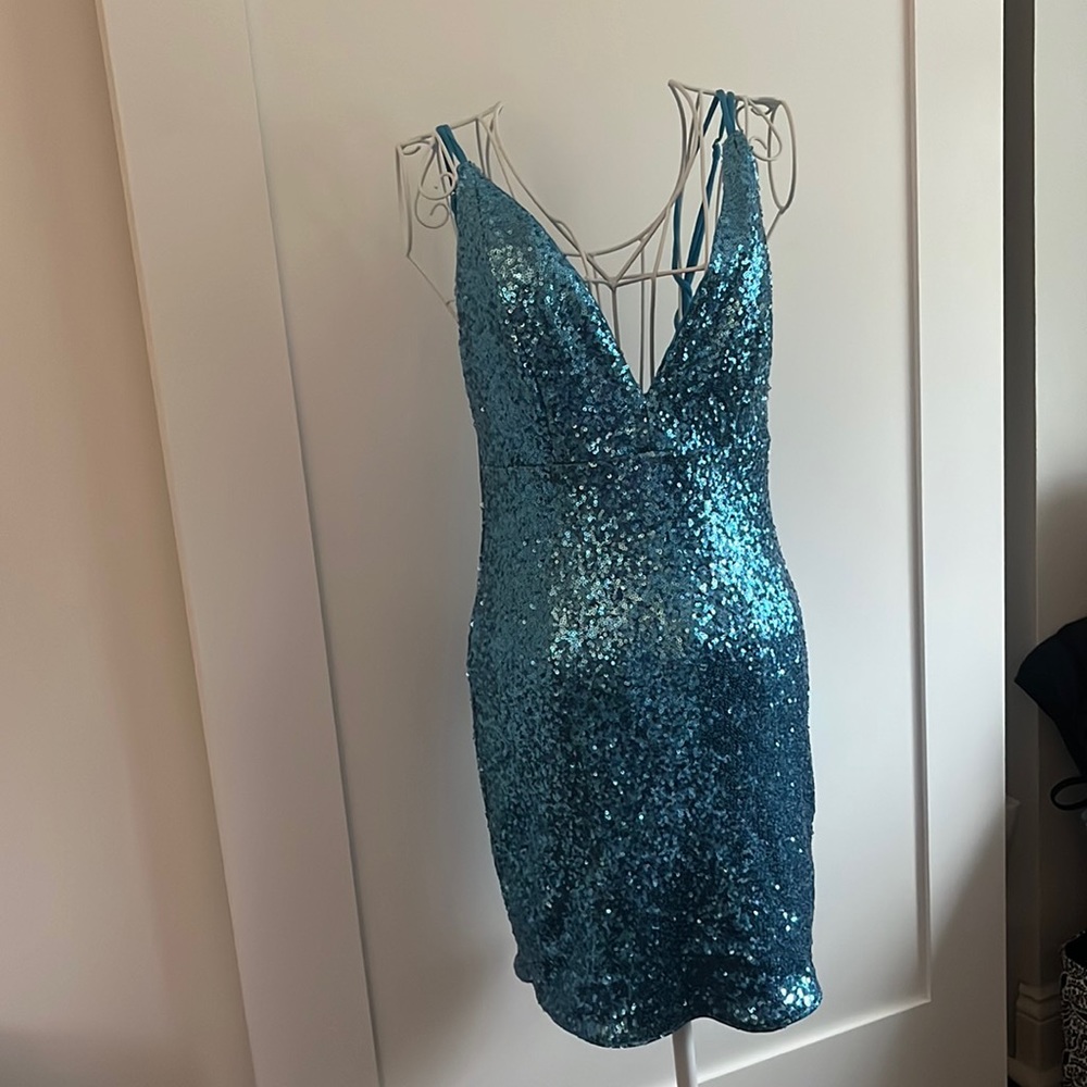 Blue sparkle low neck dress